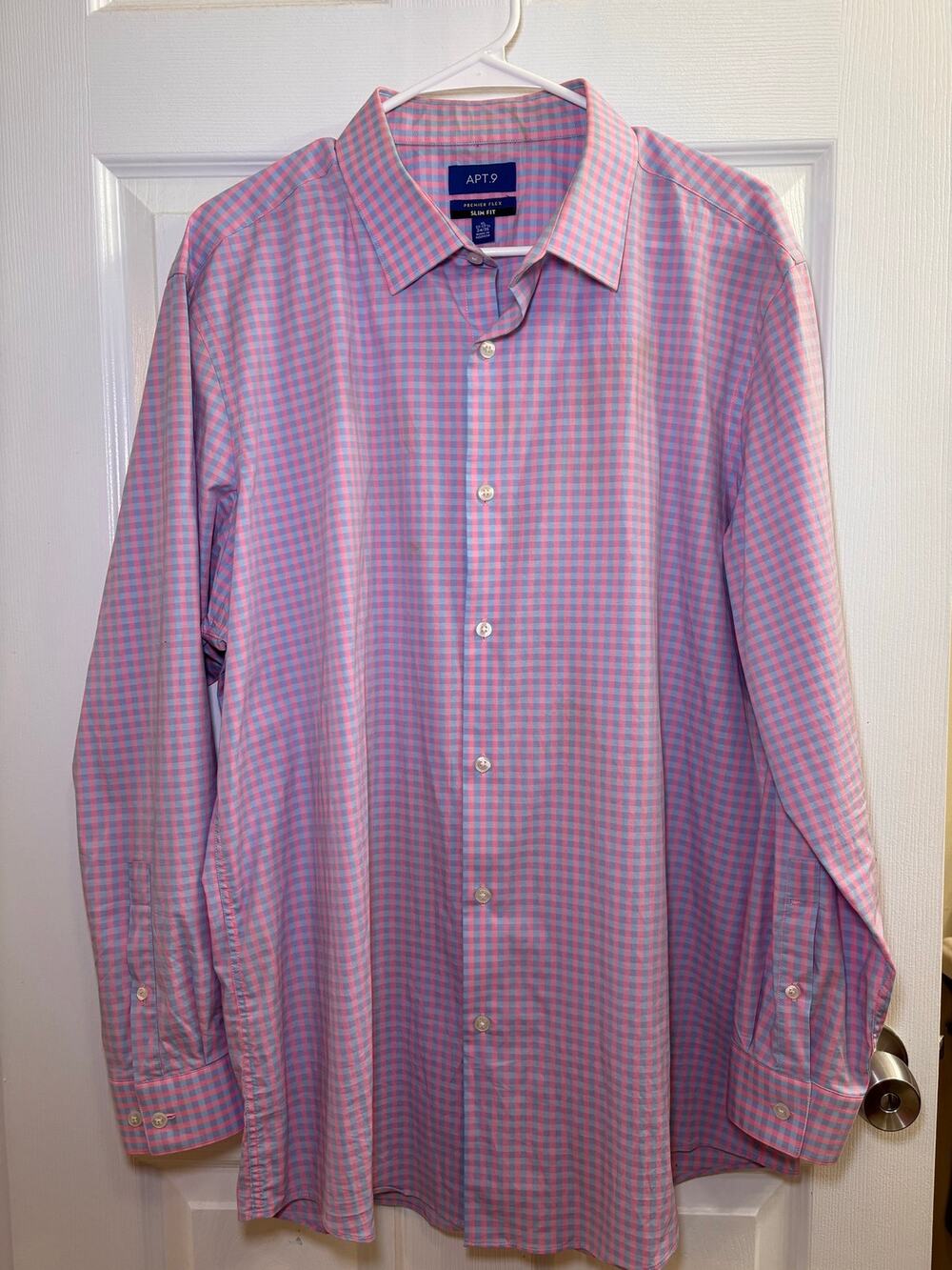 APT. 9 Men’s XL Premier Flex Slim Fit Pink Blue Check Dress Shirt 17-17.5 34/35